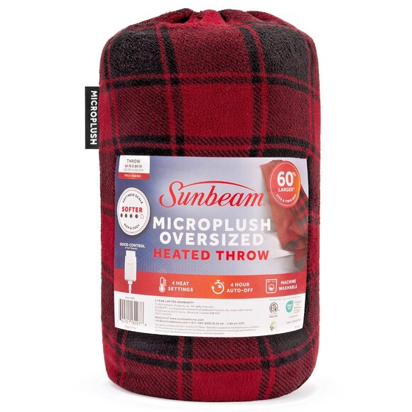 Sunbeam Microplush Oversized Heated Throw – Red/Black Plaid (60" x 80") Sunbeam